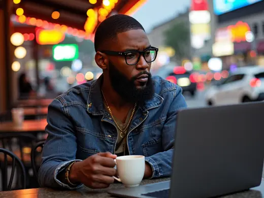 Brian working on a laptop at a street cafe