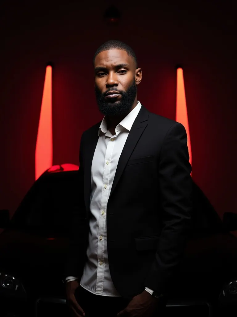 Brian in a black suit in front of red lights