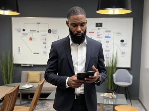 Brian reviewing a workflow map on a tablet